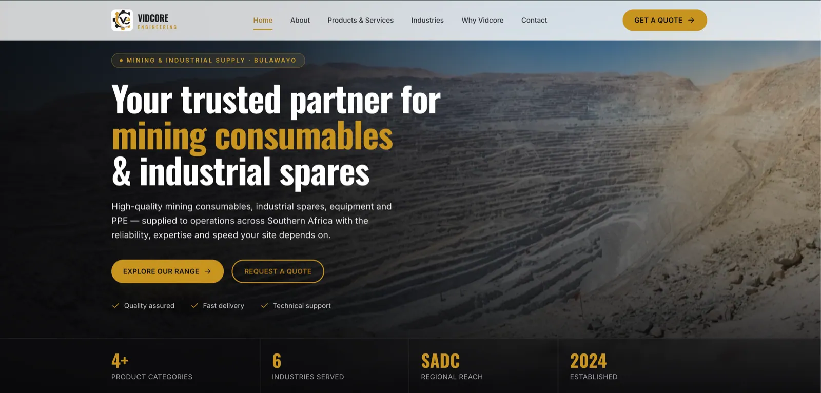 Vidcore Engineering website on desktop